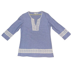 Boden Chambray White Crochet lace Blue Tunic Size 4 boho peasant summer